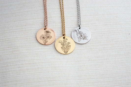 Birth Flower 誕生花 ネックレス P1(プレート彫刻 文字入れ無料)