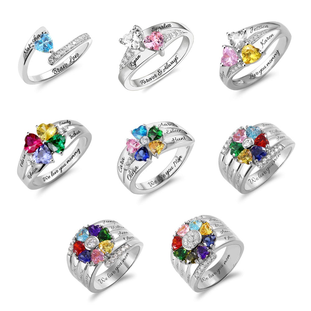 Birthstone 誕生石リング09（ハート型誕生石1～8個･クロス/かさね着け風･文字入れOK）