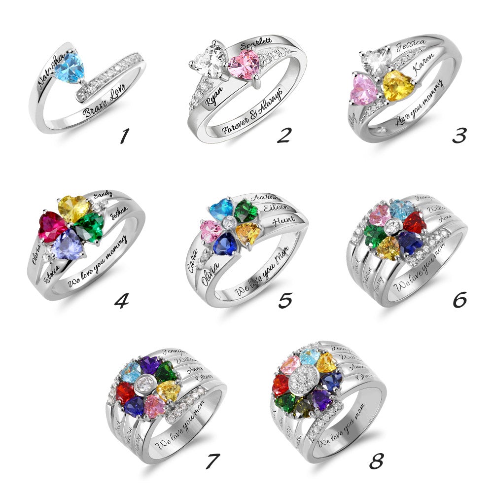 Birthstone 誕生石リング09（ハート型誕生石1～8個･クロス/かさね着け風･文字入れOK）